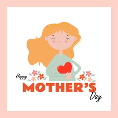 Cute vector card for Mother's Day with a girl and flowers
