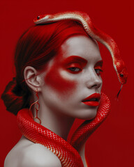 Close up Redhead Woman Portrait with Snake  wrapped around the face and neck: Golden red Makeup,red backround 