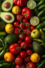 bunch of avocados, tomatoes, peppers, vegetable background