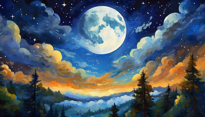 a painting of a full moon in the night sky with clouds and trees in the foreground and a dark blue sky with stars and clouds in the foreground. - Powered by Adobe