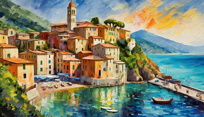 a painting of a small town in italy in the style of lively coastal landscapes - Powered by Adobe
