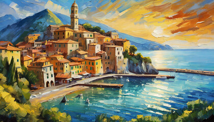 a painting of a small town in italy in the style of lively coastal landscapes