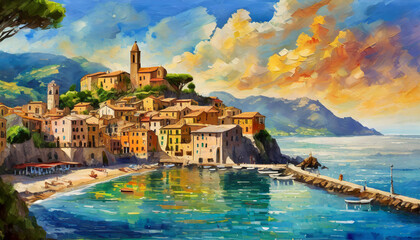 a painting of a small town in italy in the style of lively coastal landscapes