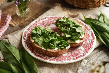 Chopped fresh wild garlic or ramson leaves on two slices of sourdough bread with butter - 786640040