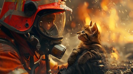 Fearless Feline Firefighter Rescues Tiny Kitten from Raging Blaze in Burning Building - obrazy, fototapety, plakaty