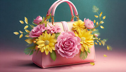 A pink and yellow floral arrangement in the shape of a handbag 3D