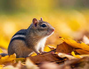 a small rodent sitting on top of a pile of leaves in the middle of a field of yellow leaves.
