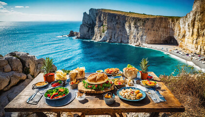 a table with a lot of food on it near the water and a cliff side with a blue ocean in the...