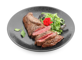 Pieces of delicious grilled beef meat and greens isolated on white