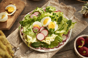 Spring salad with eggs and wild edible plants - chickweed, nipplewort and yarrow - 786640231