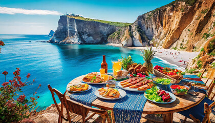 a table with a lot of food on it near the water and a cliff side with a blue ocean in the background and a blue sky - obrazy, fototapety, plakaty