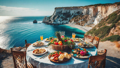 a table with a lot of food on it near the water and a cliff side with a blue ocean in the...