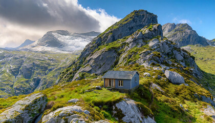 A tiny house perched atop a mountain, with moss covering the rocks below and lush grass crowning the peak