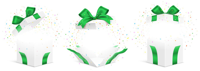 Vector set of white gift boxes with green ribbons and exploded colorful confetti isolated on a white background. Unfolded surprise giftbox, vector illustration.