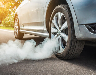 Naklejka premium air pollution, car stuck in traffic with visible exhaust fumes