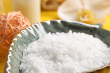Natural sea salt in bowl on table, closeup