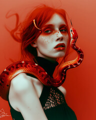 Close up Redhead Woman Portrait with Snake  wrapped around the face and neck: Golden red Makeup,red backround 