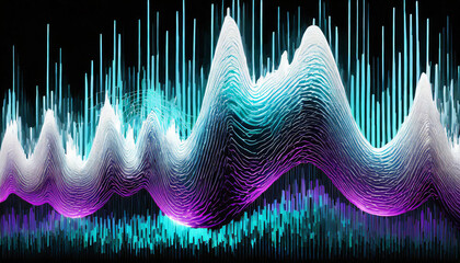 an audio wave, purple and blue on a black background, glitch art in a dark white and light cyan style