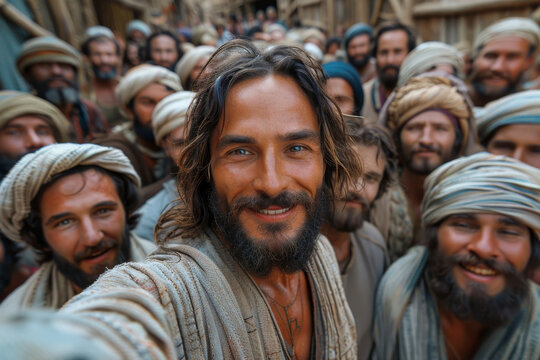 Jesus, portrait and selfie with religious group in photography, memory or worship of god together. Happy prophet with smile, community or followers for picture, march or outdoor freedom in leadership