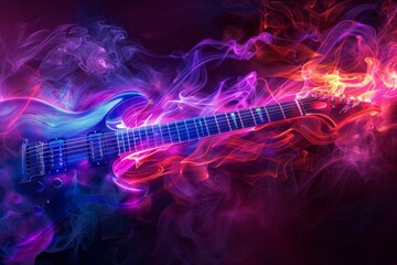 Colorful guitar in the form of smoke on a dark background, illustrated in the style of a fantasy style. The vector graphic is very detailed, of high quality and sharp focus. It is a highly colorful