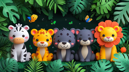 Naklejka premium Cute Cartoon Animals in Nature. Jungle Friends