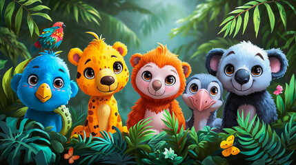 Fototapeta premium Cute Cartoon Animals in Nature. Jungle Friends