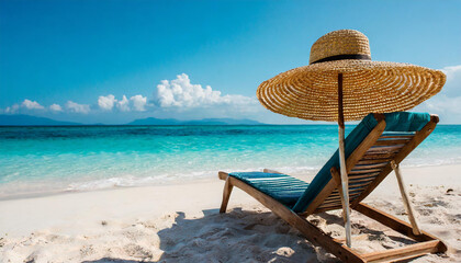 Fototapeta na wymiar beach chair with a straw hat on top of it
