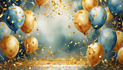 Blank birthday invitation card with balloons and golden confetti