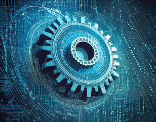 Blue gear faded outline on digital background with binary code and abstract tech elements for technology or machine concept