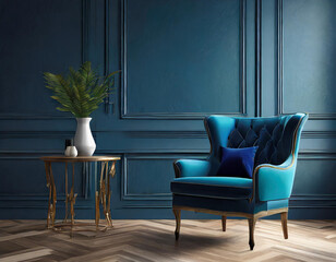 Blue livingroom - modern interior and rich furniture design. Mockup for art - empty painted navy dark black wall. Deep cobalt chair and blank cyan background. Luxury premium lounge hall. - obrazy, fototapety, plakaty