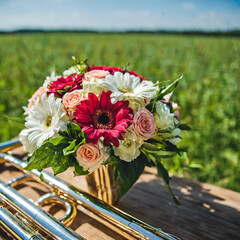 bouquet of flowers in a musical instrument trumpet Summer mood