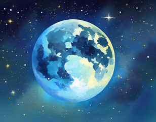 Blue Moon. Super Full moon august. Moon bright. Stars. The background full of stars in the galaxy.