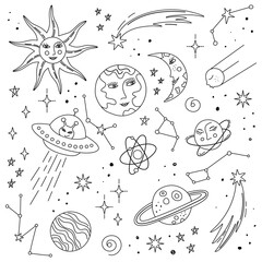 Cute doodle retro Space set. Cosmic bundle with the Sun, planet Earth, the Moon, stars. Boho style objects with faces. Hand drawn vector illustrations for card, sticker, print, coloring page, tattoo.
