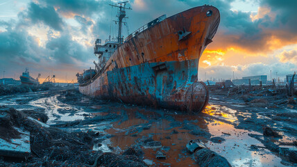 Derelict Ships on a Muddy Beach - obrazy, fototapety, plakaty