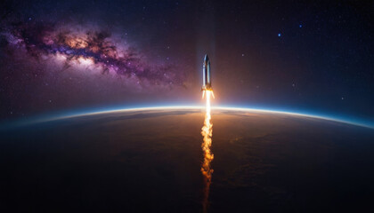 Rocket spaceship shuttle launch with bright space nebula sky with bright rocket trail of fire and smoke - obrazy, fototapety, plakaty