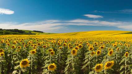 A field of sunflowers stretching as far as the eye can see, under a clear blue sky.
