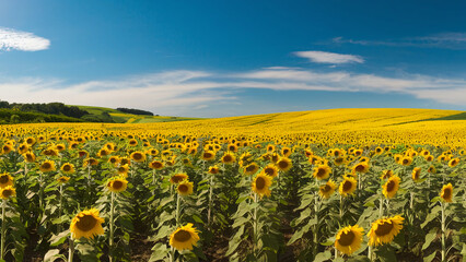 Naklejka premium A field of sunflowers stretching as far as the eye can see, under a clear blue sky.