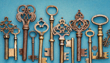 collection of old vintage keys on blue background