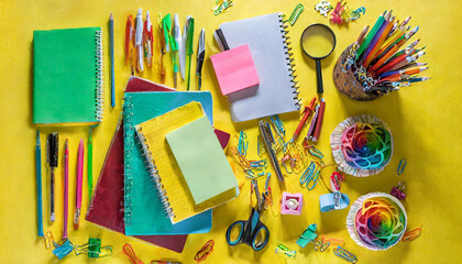 Obraz premium Composition of several stationery notebooks of different colors and stationery on a yellow background. Creative concept of stationery and school supplies. Top view