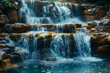 The gentle hiss of water cascading down a rocky waterfall, creating a soothing symphony of sound. Concept of natural beauty and serenity. Generative Ai.