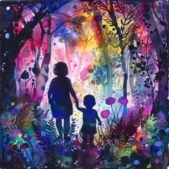 Craft an illustration of a mother and child, their silhouettes formed by vibrant watercolor splashes, exploring a magical forest aglow with bioluminescent flora and fauna