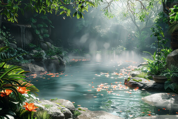 The soothing warmth of a bubbling hot spring, surrounded by steaming water and lush greenery....
