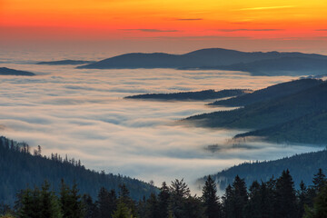 Colorful misty sunrise in the mountains.