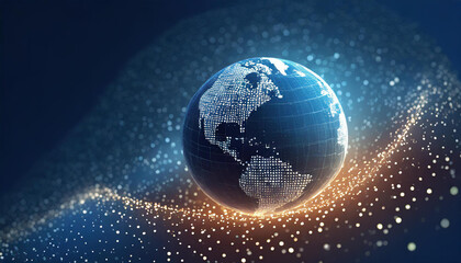 Digital background featuring digital world, globe made of glowing dots on dark blue background,...