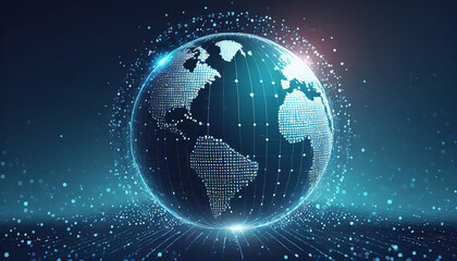 Digital background featuring digital world, globe made of glowing dots on dark blue background, with space for text