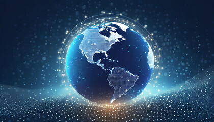 Digital background featuring digital world, globe made of glowing dots on dark blue background, with space for text