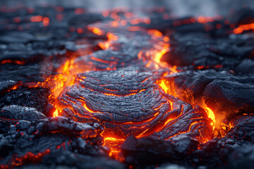 Molten lava flowing from the mouth of an active volcano, glowing red-hot as it carves a path through the rocky terrain. Concept of geological activity and primal energy. Generative Ai. - obrazy, fototapety, plakaty