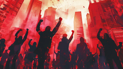 artwork depicting  protestors marching together with raised fists, demanding justice and equality ,backdrop of city skyscrapers.