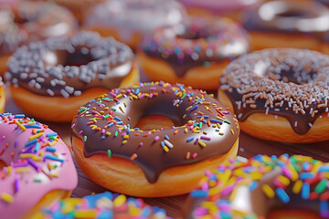 Close up of different donuts with chocolate frosted, pink glazed and sprinkles