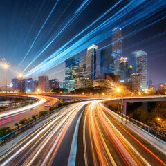 Fototapeta na wymiar dynamic cityscape with light trails representing fast movement on the highway